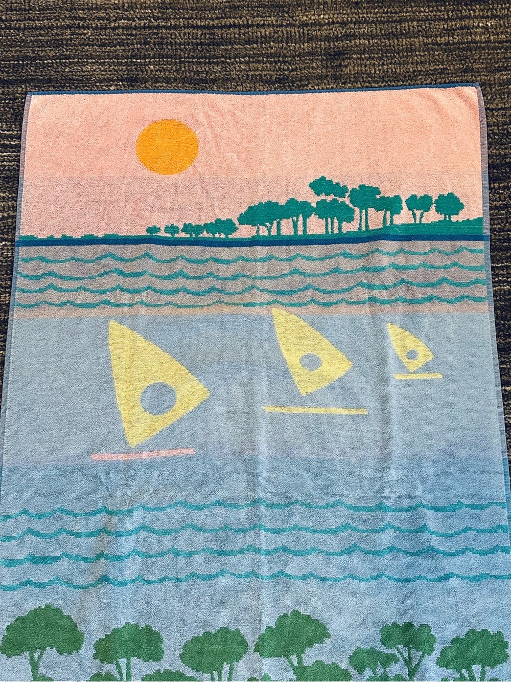 Vintage 90s Beach Towel Sailboats Coastline 55" Atlantis by Brastex Pastel Multi - Picture 4 of 7